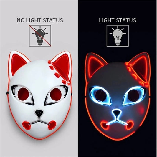 Masque LED Japonais Chat Néon – Cosplay Anime Halloween Lumineux Visage Complet