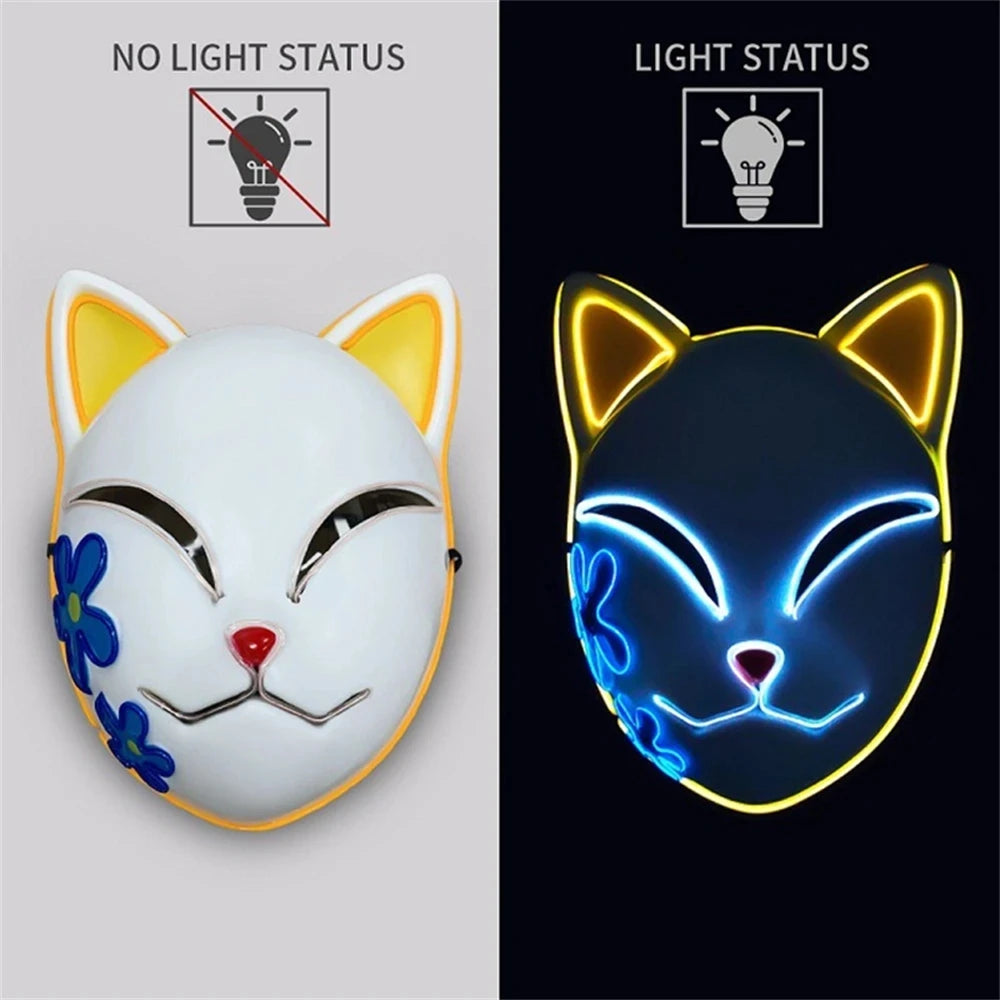 Masque LED Japonais Chat Néon – Cosplay Anime Halloween Lumineux Visage Complet