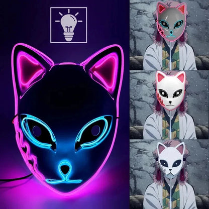 Masque LED Japonais Chat Néon – Cosplay Anime Halloween Lumineux Visage Complet