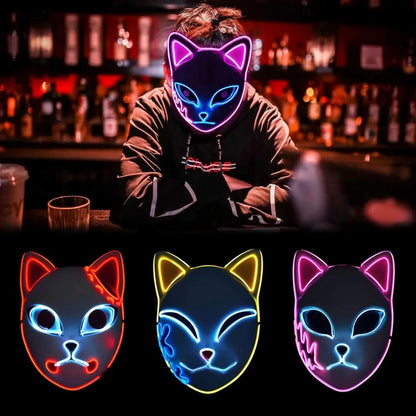 Masque LED Japonais Chat Néon – Cosplay Anime Halloween Lumineux Visage Complet