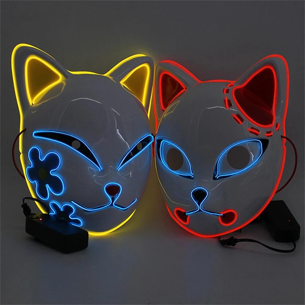 Masque LED Japonais Chat Néon – Cosplay Anime Halloween Lumineux Visage Complet