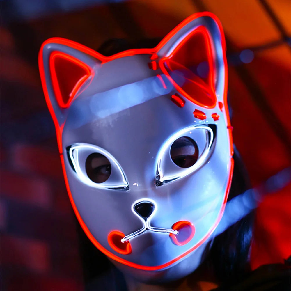 Masque LED Japonais Chat Néon – Cosplay Anime Halloween Lumineux Visage Complet