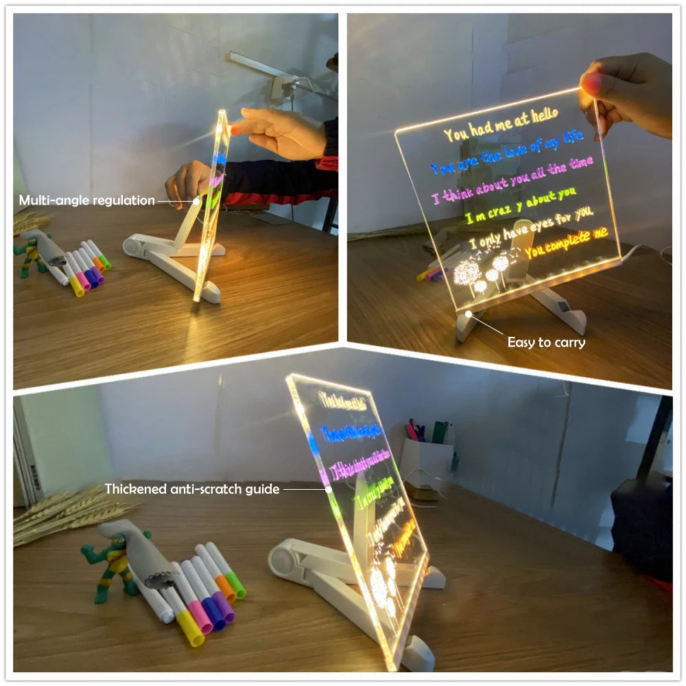 Tableau LED Acrylique USB Réinscriptible avec Stylos Couleurs – Veilleuse Gaming Décorative