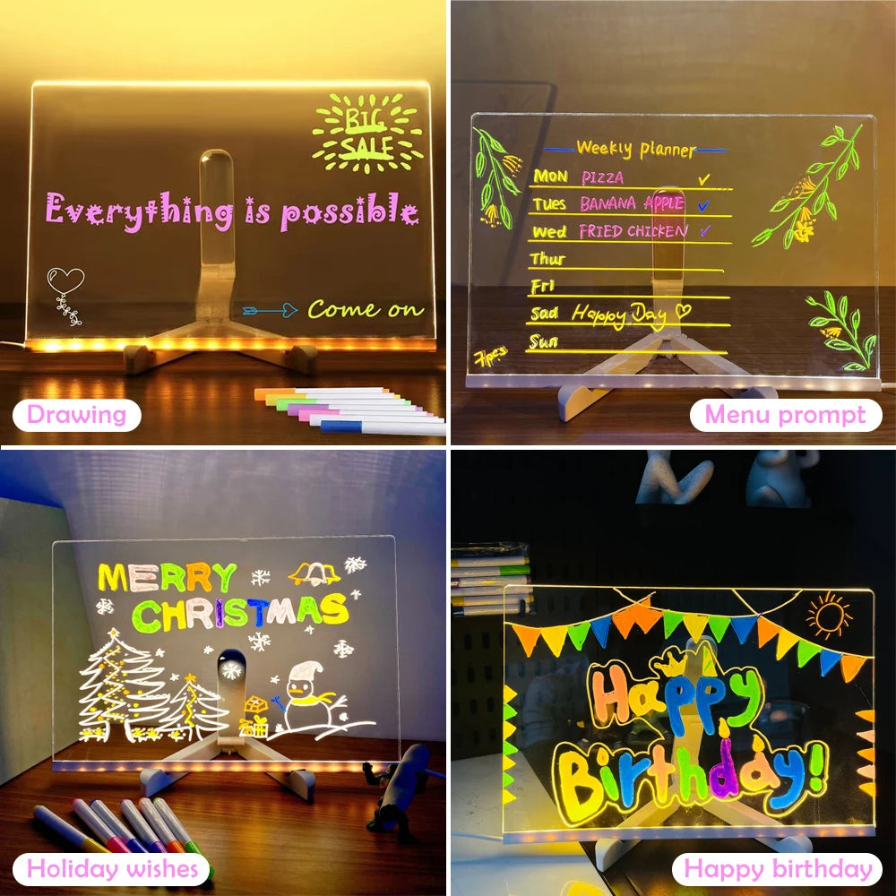 Tableau LED Acrylique USB Réinscriptible avec Stylos Couleurs – Veilleuse Gaming Décorative