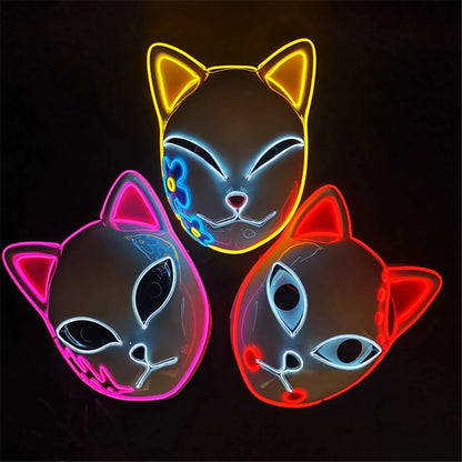 Masque LED Japonais Chat Néon – Cosplay Anime Halloween Lumineux Visage Complet