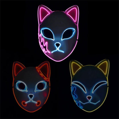 Masque LED Japonais Chat Néon – Cosplay Anime Halloween Lumineux Visage Complet