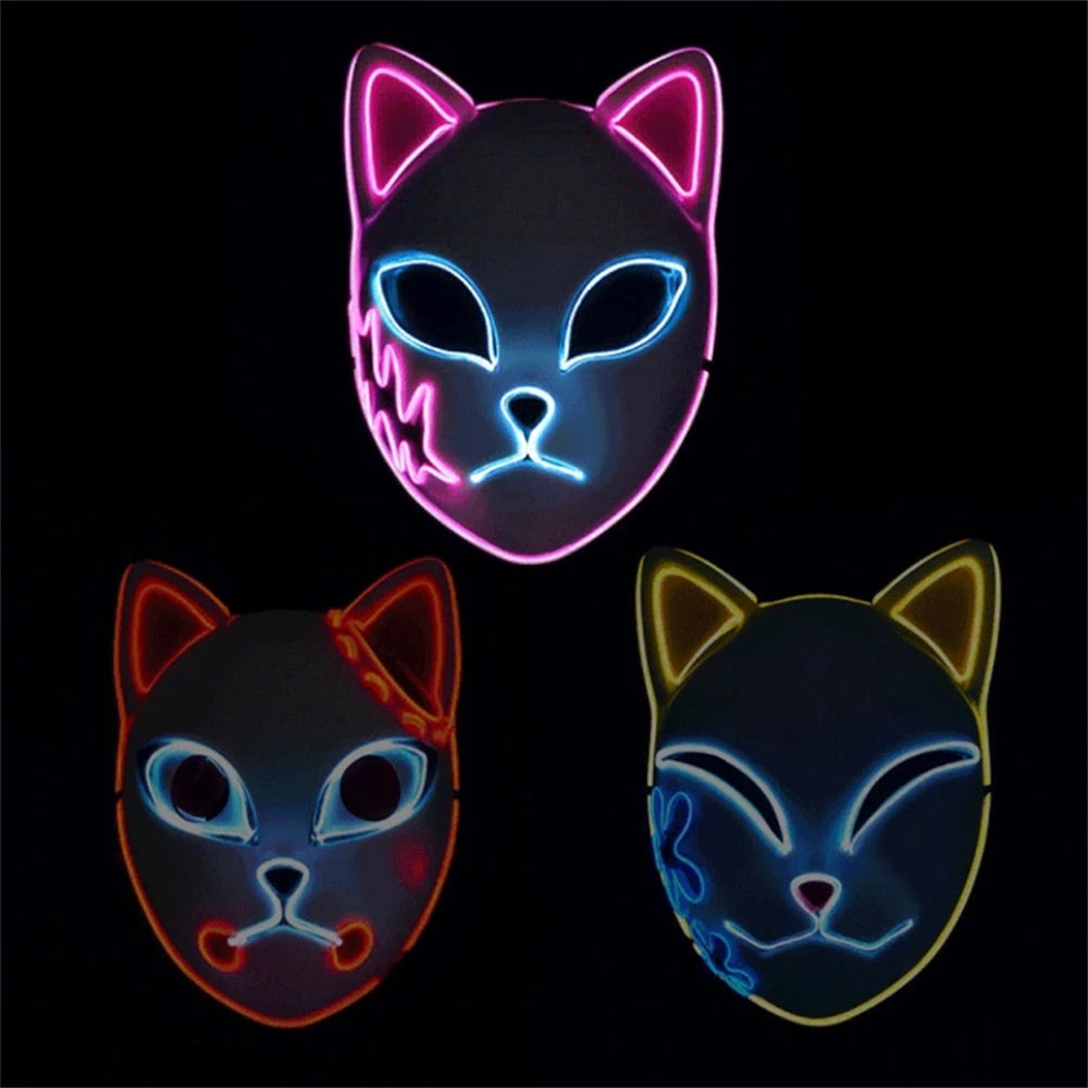 Masque LED Japonais Chat Néon – Cosplay Anime Halloween Lumineux Visage Complet