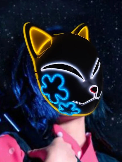 Masque LED Japonais Chat Néon – Cosplay Anime Halloween Lumineux Visage Complet