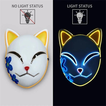 Masque LED Japonais Chat Néon – Cosplay Anime Halloween Lumineux Visage Complet
