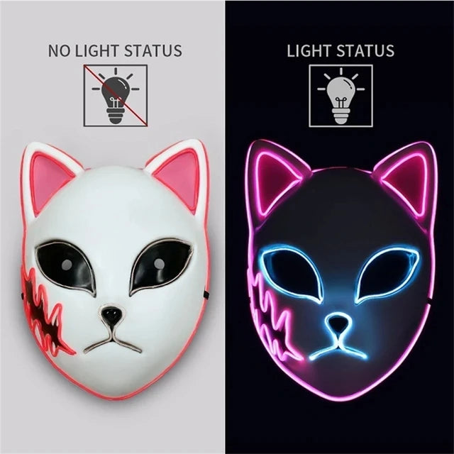 Masque LED Japonais Chat Néon – Cosplay Anime Halloween Lumineux Visage Complet