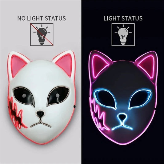Masque LED Japonais Chat Néon – Cosplay Anime Halloween Lumineux Visage Complet