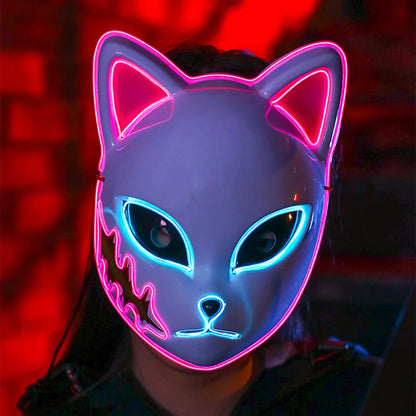Masque LED Japonais Chat Néon – Cosplay Anime Halloween Lumineux Visage Complet